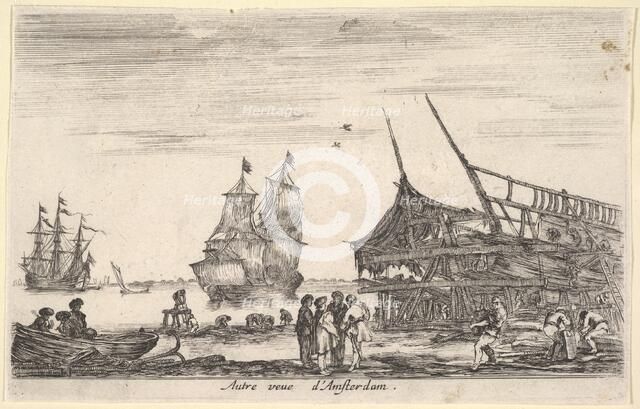 Another view of Amsterdam (Autre vue d'Amsterdam), a group of four men stand in center on ..., 1647. Creator: Stefano della Bella.