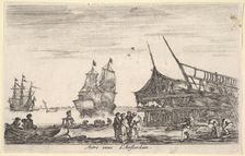 Another view of Amsterdam (Autre vue d'Amsterdam), a group of four men stand in center on ..., 1647. Creator: Stefano della Bella