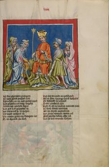Aaron Transforms the Rod into a Serpent; Weltchronik, about 1400-1410. Creator: Unknown