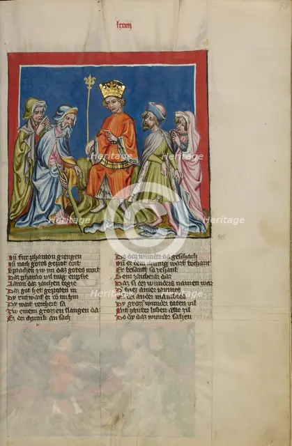 Aaron Transforms the Rod into a Serpent; Weltchronik, about 1400-1410. Creator: Unknown.