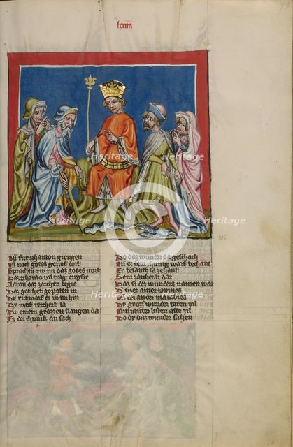 Aaron Transforms the Rod into a Serpent; Weltchronik, about 1400-1410. Creator: Unknown.
