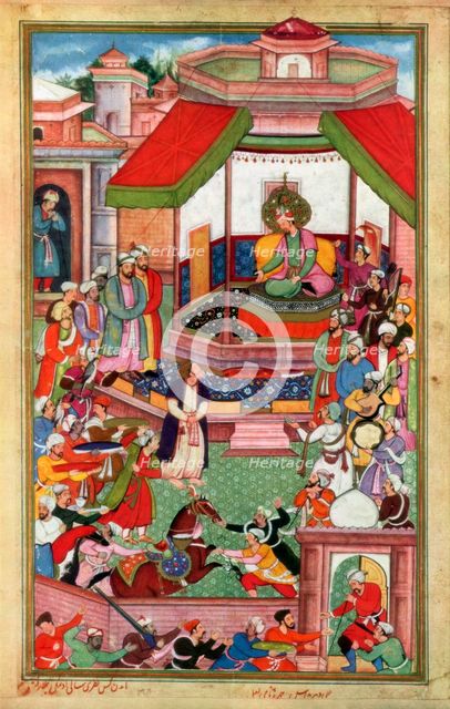 Abu'l-Fazl ibn Mubarak presenting the Akbarnama to Akbar. Artist: Unknown