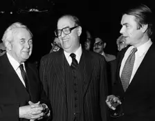 Abba Eban, Israeli foreign minister, Harlod Wilson, former PM, David Owen, Foreign Minister, 1979. Creator: Unknown