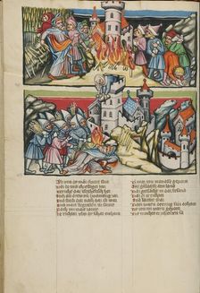 Abimelech Destroying Shechem: Abimelech Killed by the Woman of Thebes; Weltchronik, about 1400-1410. Creator: Unknown