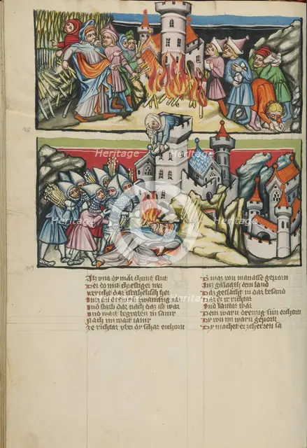Abimelech Destroying Shechem: Abimelech Killed by the Woman of Thebes; Weltchronik, about 1400-1410. Creator: Unknown.