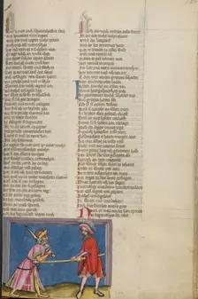 Abner Killing Asahel; Weltchronik, about 1400-1410. Creator: Unknown