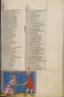 Abner Killing Asahel; Weltchronik, about 1400-1410. Creator: Unknown