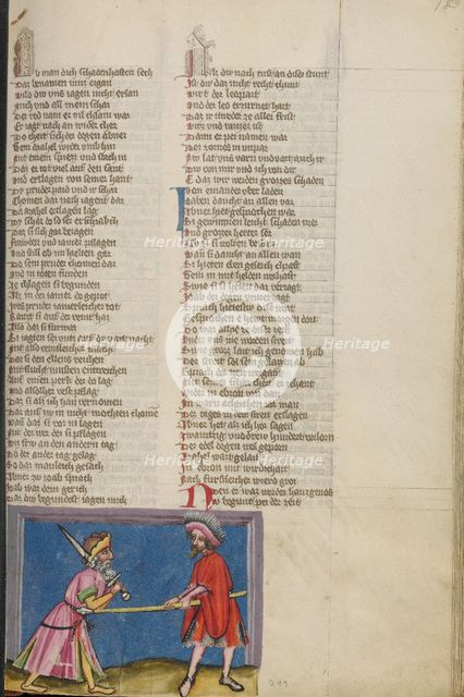 Abner Killing Asahel; Weltchronik, about 1400-1410. Creator: Unknown.
