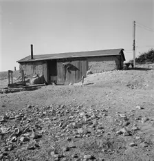 Abode basement dugout house on Roberts farm, Willow Creek area. Malheur County, Oregon, 1939. Creator: Dorothea Lange