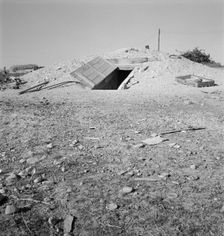 Abode basement dugout house on Roberts farm, Willow Creek area, Oregon, 1939. Creator: Dorothea Lange