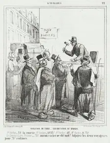 Abolition du tarif - Adjudication au rabais -ler cocher: 3f la course -2em cocher..., 1866. Creator: Cham