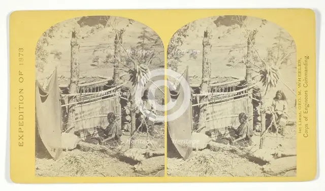 Aboriginal life among the Navajo Indians, Cañon de Chelle, New Mexico. Squaw weaving..., 1873. Creator: Tim O'Sullivan.