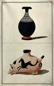 Above, a black Greek vase (perfume bottle?); below, vessel in the form of an animal, 1760-1769. Creator: Augustin Dahlsteen