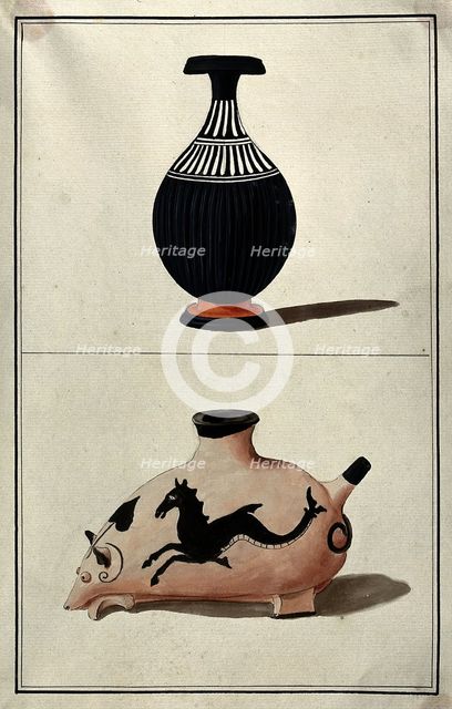 Above, a black Greek vase (perfume bottle?); below, vessel in the form of an animal, 1760-1769. Creator: Augustin Dahlsteen.