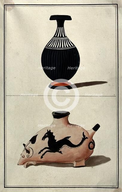 Above, a black Greek vase (perfume bottle?); below, vessel in the form of an animal, 1760-1769. Creator: Augustin Dahlsteen.