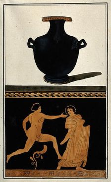 Above, a black Greek water-jug (hydria); below, detail of decoration showing a naked..., 1760-69. Creator: Augustin Dahlsteen