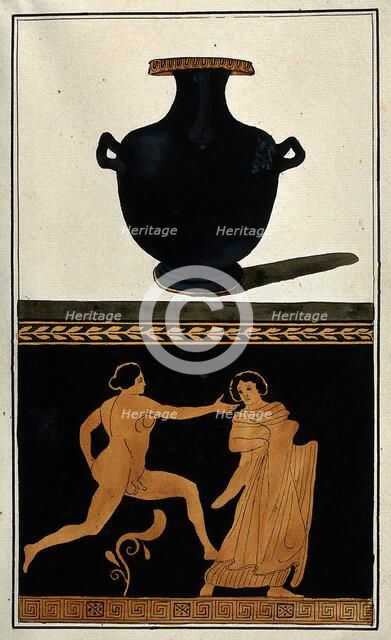Above, a black Greek water-jug (hydria); below, detail of decoration showing a naked..., 1760-69. Creator: Augustin Dahlsteen.
