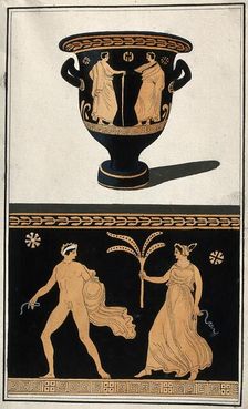 Above, a red-figured Greek wine bowl (krater); below, detail of the decoration showing..., 1760-69. Creator: Augustin Dahlsteen