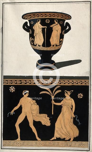 Above, a red-figured Greek wine bowl (krater); below, detail of the decoration showing..., 1760-69. Creator: Augustin Dahlsteen.