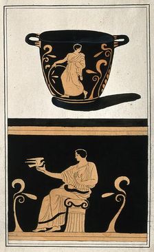 Above, a red-figured Greek wine bowl (krater); below, detail of the decoration showing a..., .1760-9 Creator: Augustin Dahlsteen