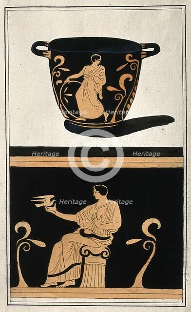 Above, a red-figured Greek wine bowl (krater); below, detail of the decoration showing a..., .1760-9 Creator: Augustin Dahlsteen.