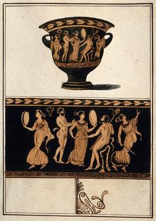 Above, a red-figured Greek wine bowl (krater); below, detail of the decoration showing ..., .1760-9. Creator: Augustin Dahlsteen