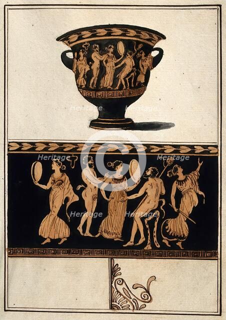 Above, a red-figured Greek wine bowl (krater); below, detail of the decoration showing ..., .1760-9. Creator: Augustin Dahlsteen.