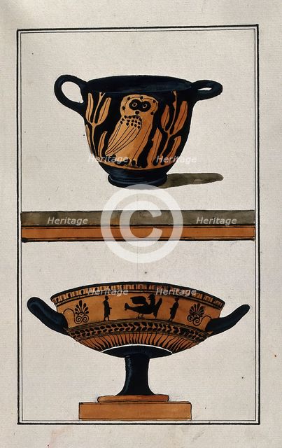 Above, black ground two-handled red-coloured Greek cup (kylix) decorated with an owl..., 1760-9. Creator: Augustin Dahlsteen.