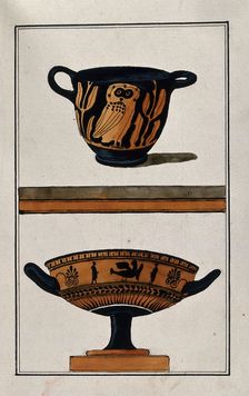 Above, black ground two-handled red-coloured Greek cup (kylix) decorated with an owl..., 1760-9. Creator: Augustin Dahlsteen