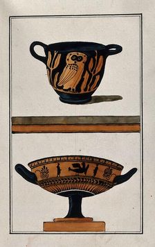 Above, black ground two-handled red-coloured Greek cup (kylix) decorated with an owl..., 1760-9. Creator: Augustin Dahlsteen