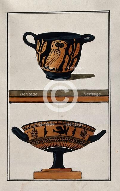 Above, black ground two-handled red-coloured Greek cup (kylix) decorated with an owl..., 1760-9. Creator: Augustin Dahlsteen.