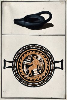 Above, black lamp; below, drinking vessel with two handles, decorated with a winged..., 1760-9. Creator: Augustin Dahlsteen