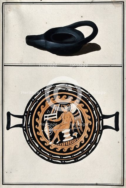 Above, black lamp; below, drinking vessel with two handles, decorated with a winged..., 1760-9. Creator: Augustin Dahlsteen.