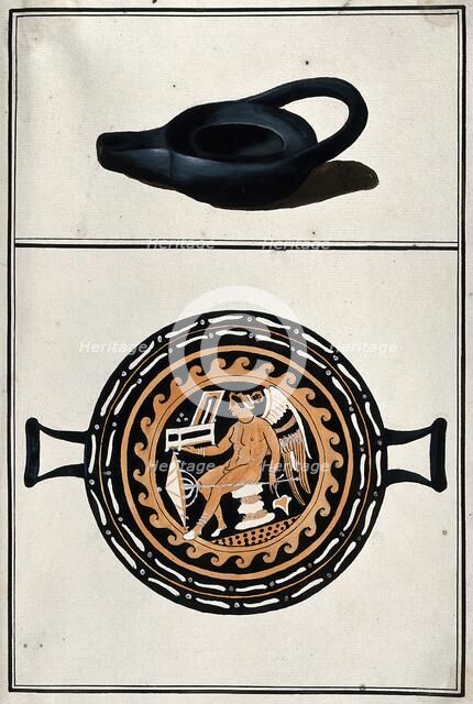 Above, black lamp; below, drinking vessel with two handles, decorated with a winged..., 1760-9. Creator: Augustin Dahlsteen.