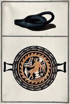 Above, black lamp; below, drinking vessel with two handles, decorated with a winged..., 1760-9. Creator: Augustin Dahlsteen