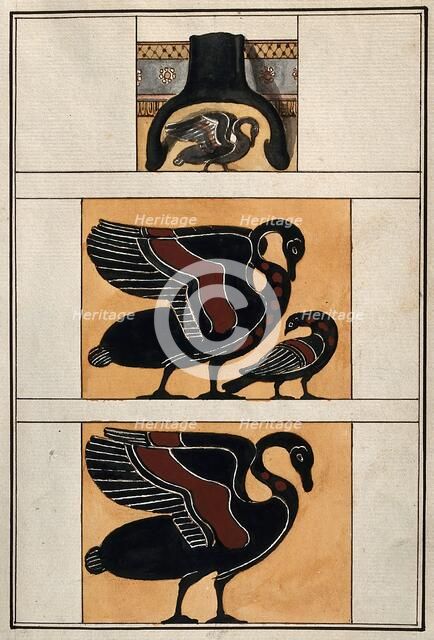 Above, detail of the handle of a black-figured Greek vase; middle, stylised swan..., 1760-9. Creator: Augustin Dahlsteen.
