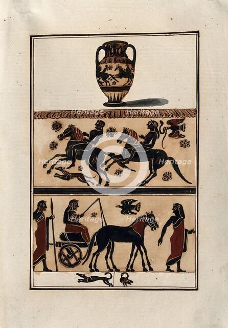 Above, neck-handled black-figured Greek amphora (Corinthian, c550 BC ); centre, detail..., 1760-9. Creator: Augustin Dahlsteen.