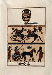 Above, neck-handled black-figured Greek amphora (Corinthian, c550 BC ); centre, detail..., 1760-9. Creator: Augustin Dahlsteen