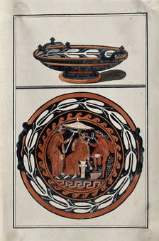 Above, red-figured Greek cup (kylix?); below, detail of decoration showing an outdoor..., 1760-9. Creator: Augustin Dahlsteen