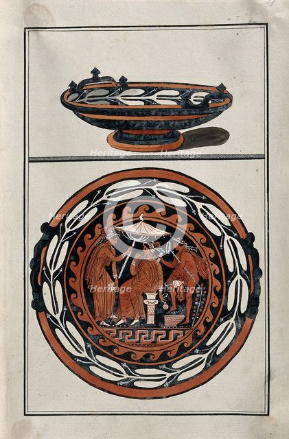 Above, red-figured Greek cup (kylix?); below, detail of decoration showing an outdoor..., 1760-9. Creator: Augustin Dahlsteen.