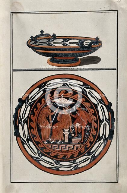 Above, red-figured Greek cup (kylix?); below, detail of decoration showing an outdoor..., 1760-9. Creator: Augustin Dahlsteen.