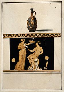 Above, red-figured Greek perfume vessel (lekythos) decorated with figures and a palm..., 1760-9. Creator: Augustin Dahlsteen