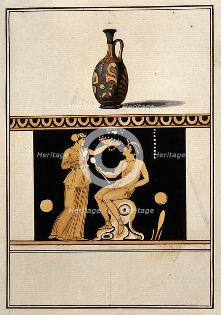 Above, red-figured Greek perfume vessel (lekythos) decorated with figures and a palm..., 1760-9. Creator: Augustin Dahlsteen.