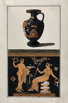 Above, red-figured Greek water jar (hydria); below, detail of decoration showing a seated..., 1760-9 Creator: Augustin Dahlsteen
