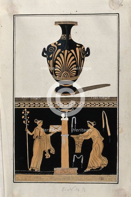 Above, red-figured Greek water jar (hydria) decorated with a palm motif; below..., 1760-9. Creator: Augustin Dahlsteen.