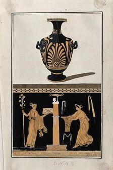 Above, red-figured Greek water jar (hydria) decorated with a palm motif; below..., 1760-9. Creator: Augustin Dahlsteen