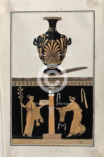 Above, red-figured Greek water jar (hydria) decorated with a palm motif; below..., 1760-9. Creator: Augustin Dahlsteen.