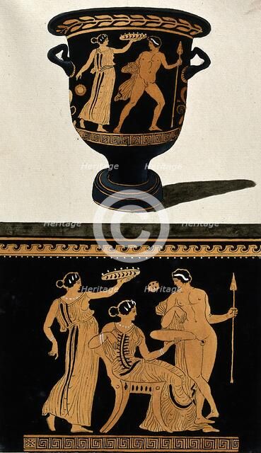 Above, red-figured Greek wine bowl (bell krater); below, detail of decoration showing a..., 1760-9. Creator: Augustin Dahlsteen.