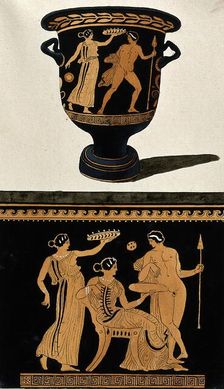 Above, red-figured Greek wine bowl (bell krater); below, detail of decoration showing a..., 1760-9. Creator: Augustin Dahlsteen