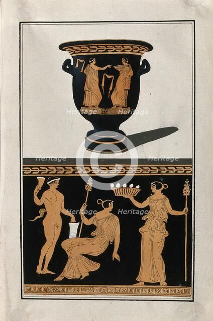 Above, red-figured Greek wine bowl (bell-krater); below, detail of decoration showing a..., 1760-9. Creator: Augustin Dahlsteen.